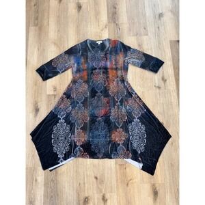 ONE WORLD Black Tunic with Blue and Rust Medallion Accents